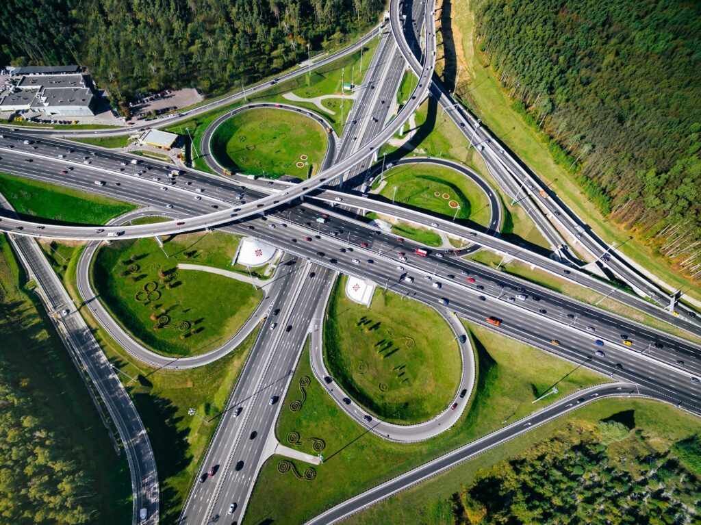 Aerial view of a massive highway road intersection in Moscow city, Russia