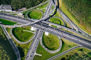 Aerial view of a massive highway road intersection in Moscow city, Russia
