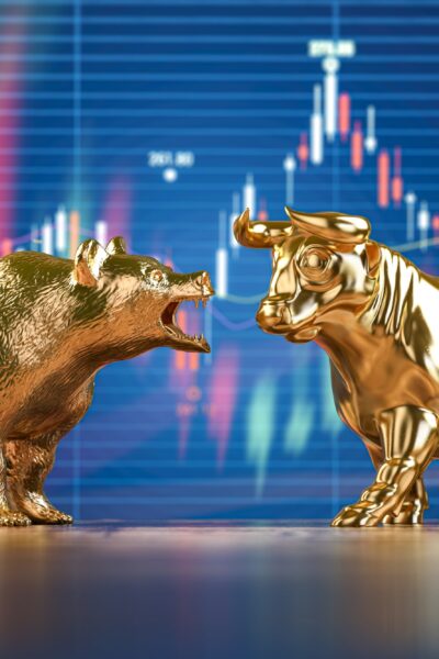 Golden bull and bear on stock data chart background. Investing, stock exchange financial
