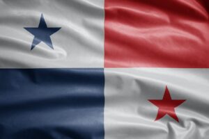 Panamanian flag waving in the wind. Close up of Panama banner blowing soft silk.