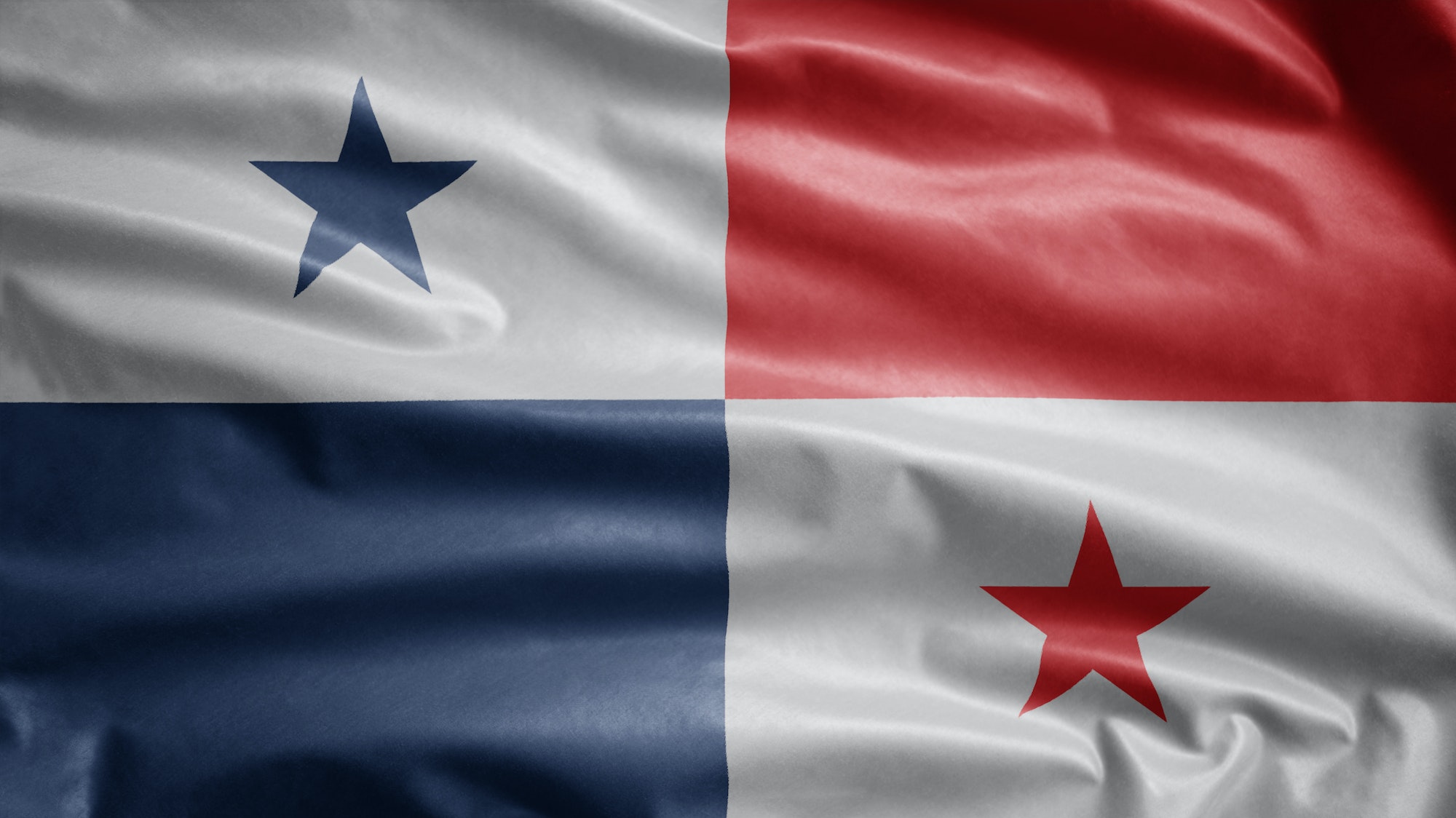 Panamanian flag waving in the wind. Close up of Panama banner blowing soft silk.