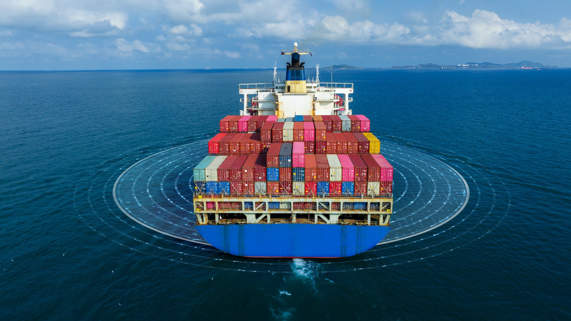 Futuristic Technology Autonomous Semi Cargo container ship with Sensors Scanning line effects