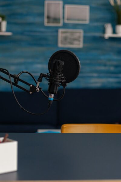 Empty home recording studio with podcast equippment