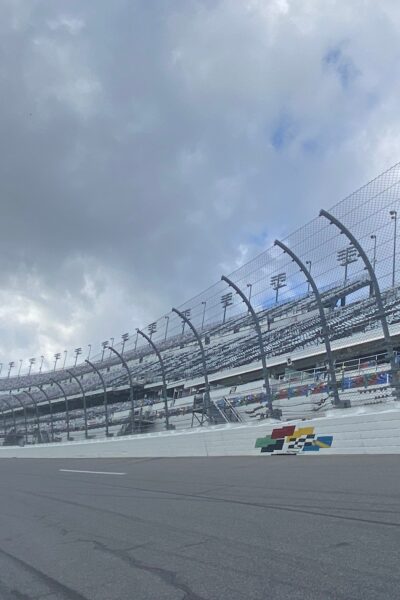The empty track of the Daytona speedway on a cloudy day