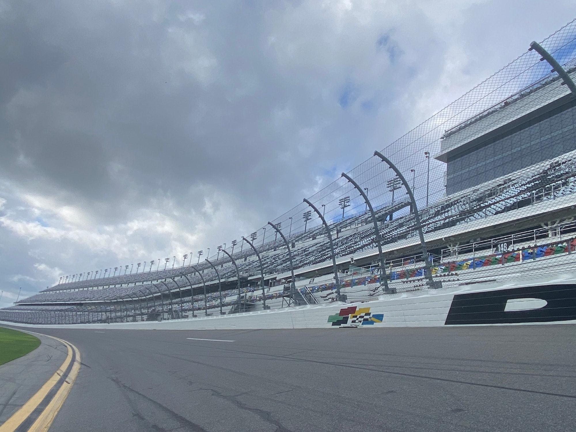 The empty track of the Daytona speedway on a cloudy day