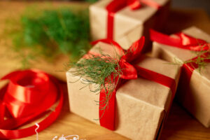Christmas eco friendly packaging kraft paper and fir branches gifts for the Holiday season