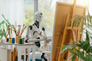 Humanoid AI robot painting on canvas